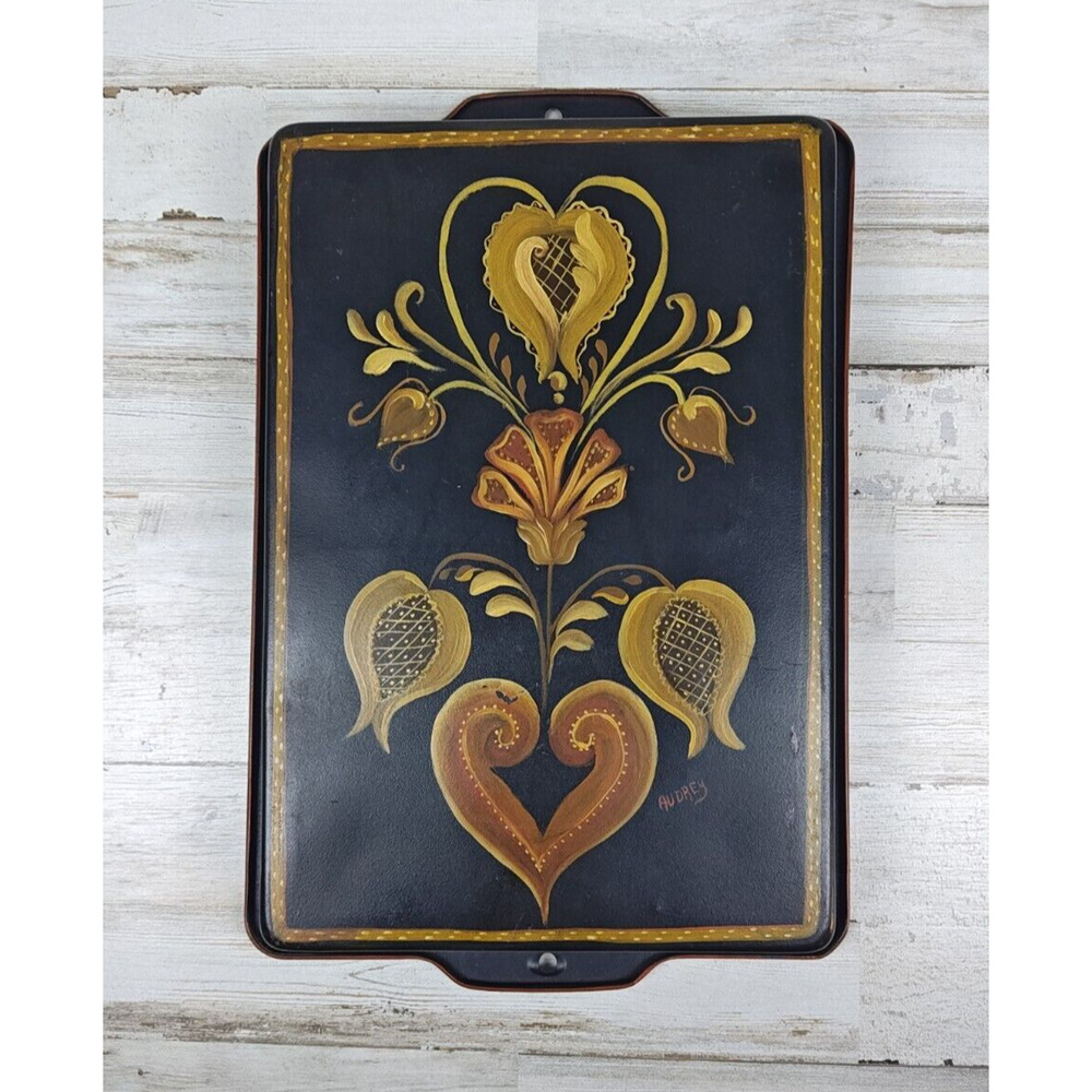 Vintage Signed Tole Painted Baking Dish Tray 14.5x9.5 Hand Painted Rare Folk Art